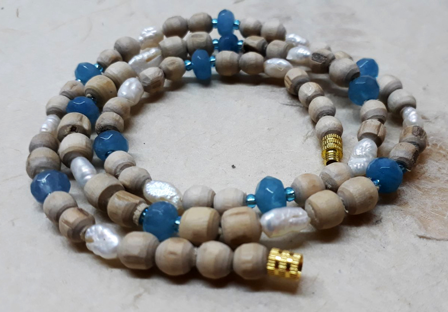  Бусы: туласи + аквамарин + речной жемчуг